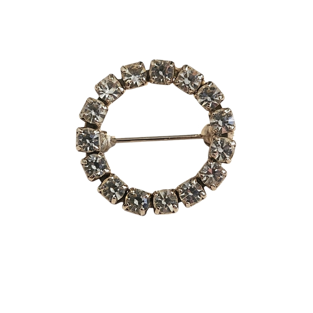 Small Vintage Silver Tone and Clear Rhinestones Circle Brooch